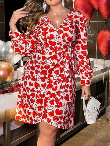 Plus Size Valentine's Day Heart Print Wrap Dress