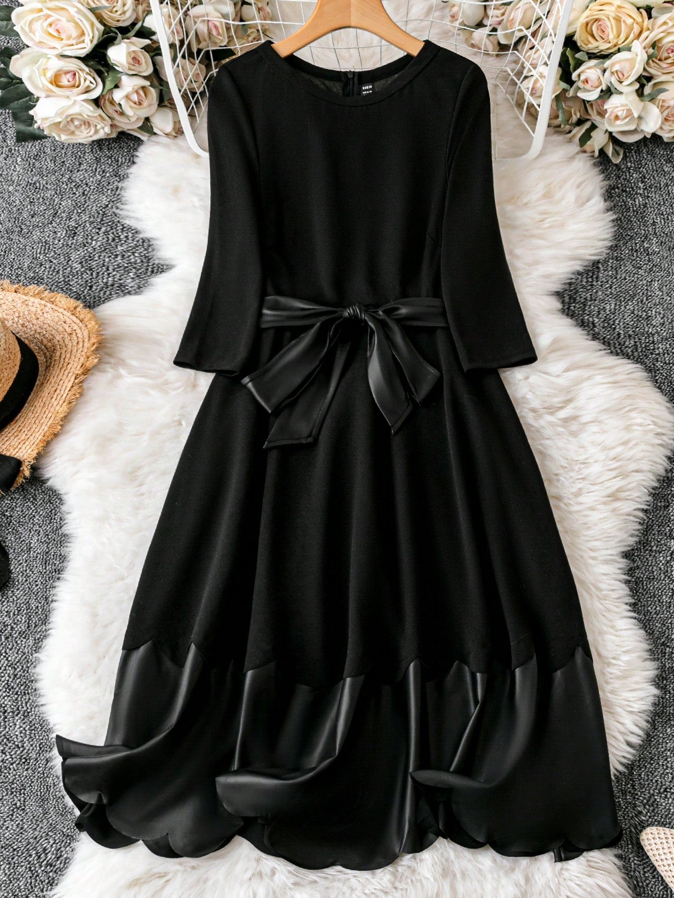 Scallop Trim Belted Dress