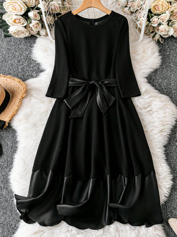 Scallop Trim Belted Dress