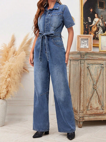 Turn-down Collar, Belted, Pocketed Denim Jumpsuit With Decorative Belt Buckle