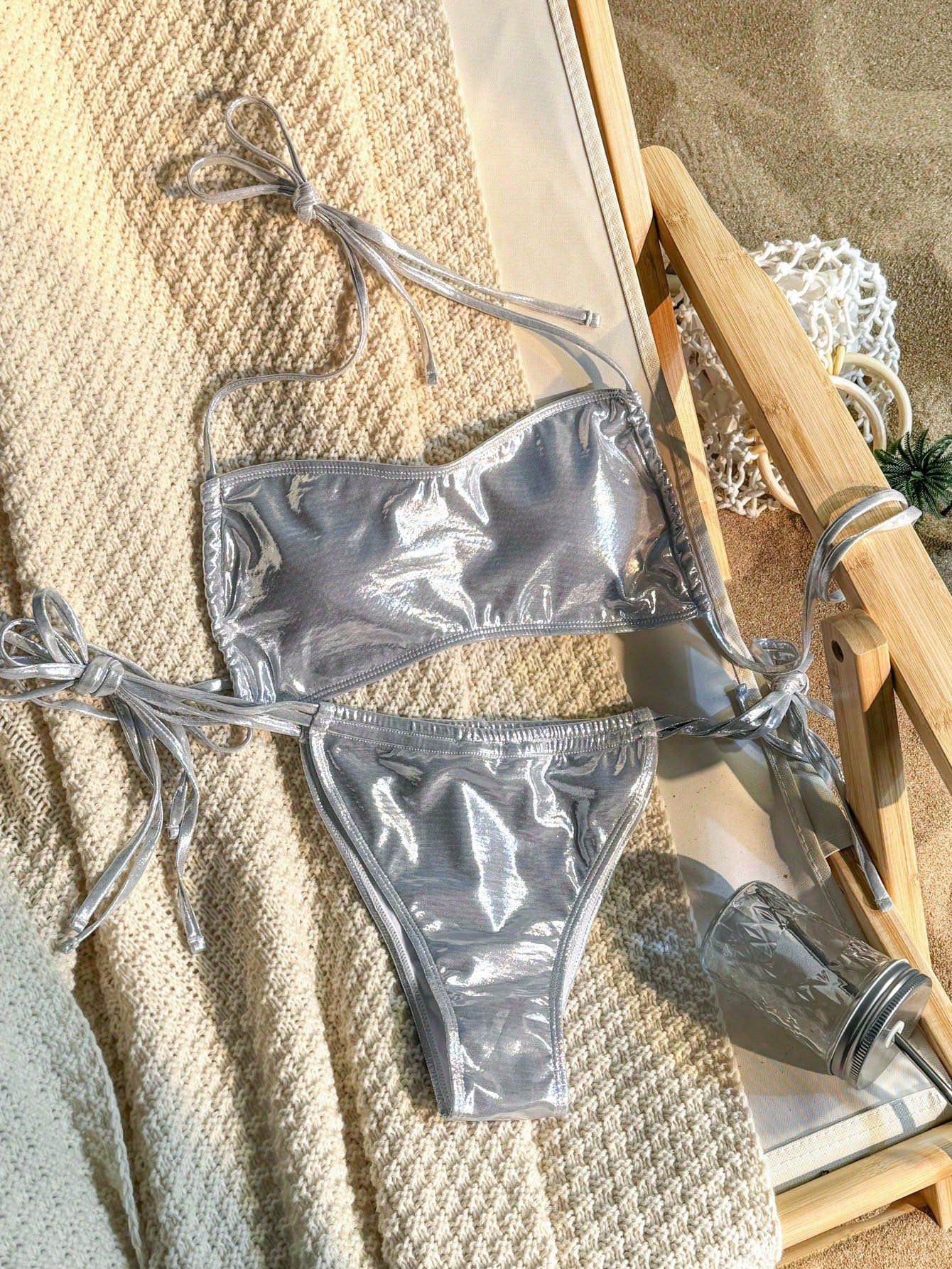 Silver Metallic Knotted Side Bikini Set