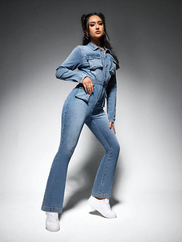 Buttoned Long Sleeve Denim Jumpsuit