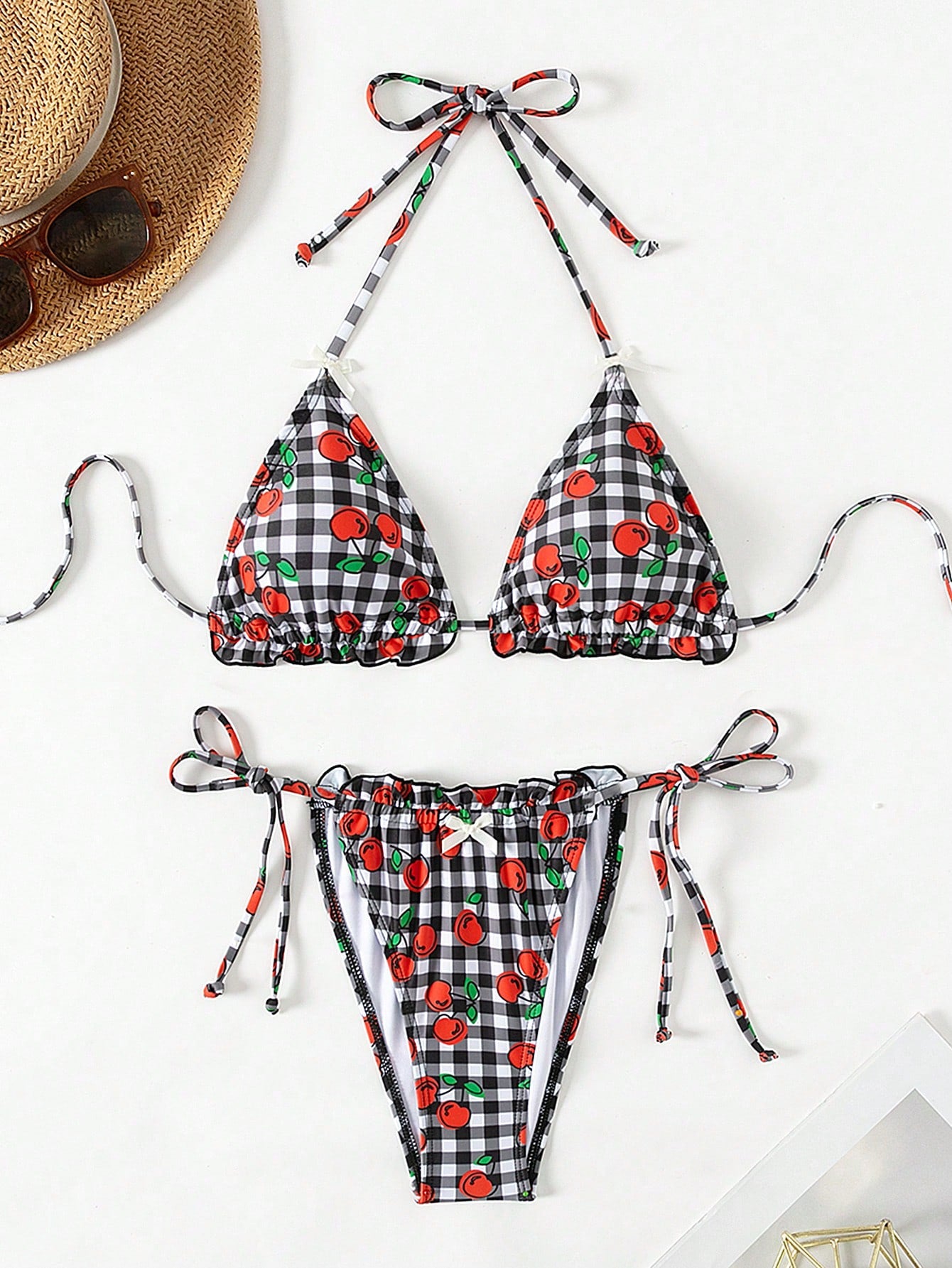 Women's Plaid & Cherry Print Swimsuit Set Valentine