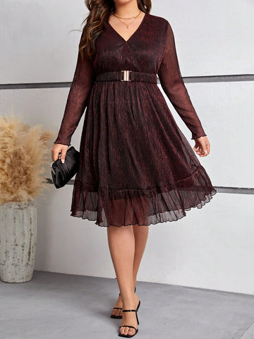 Plus Size Women'S Ruffled Hem Belted Dress