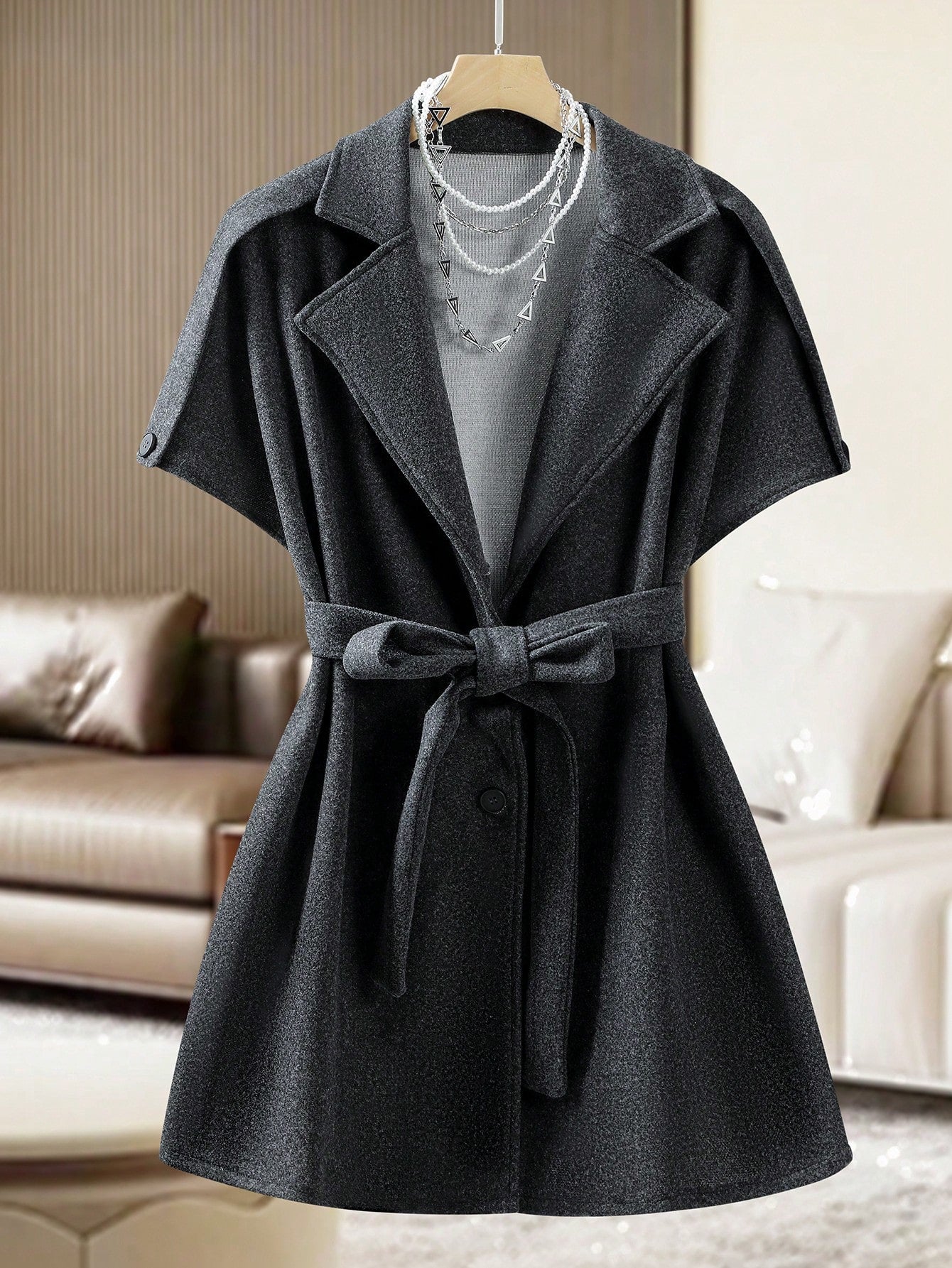 Plus Size Solid Color Belted Woolen Fabric