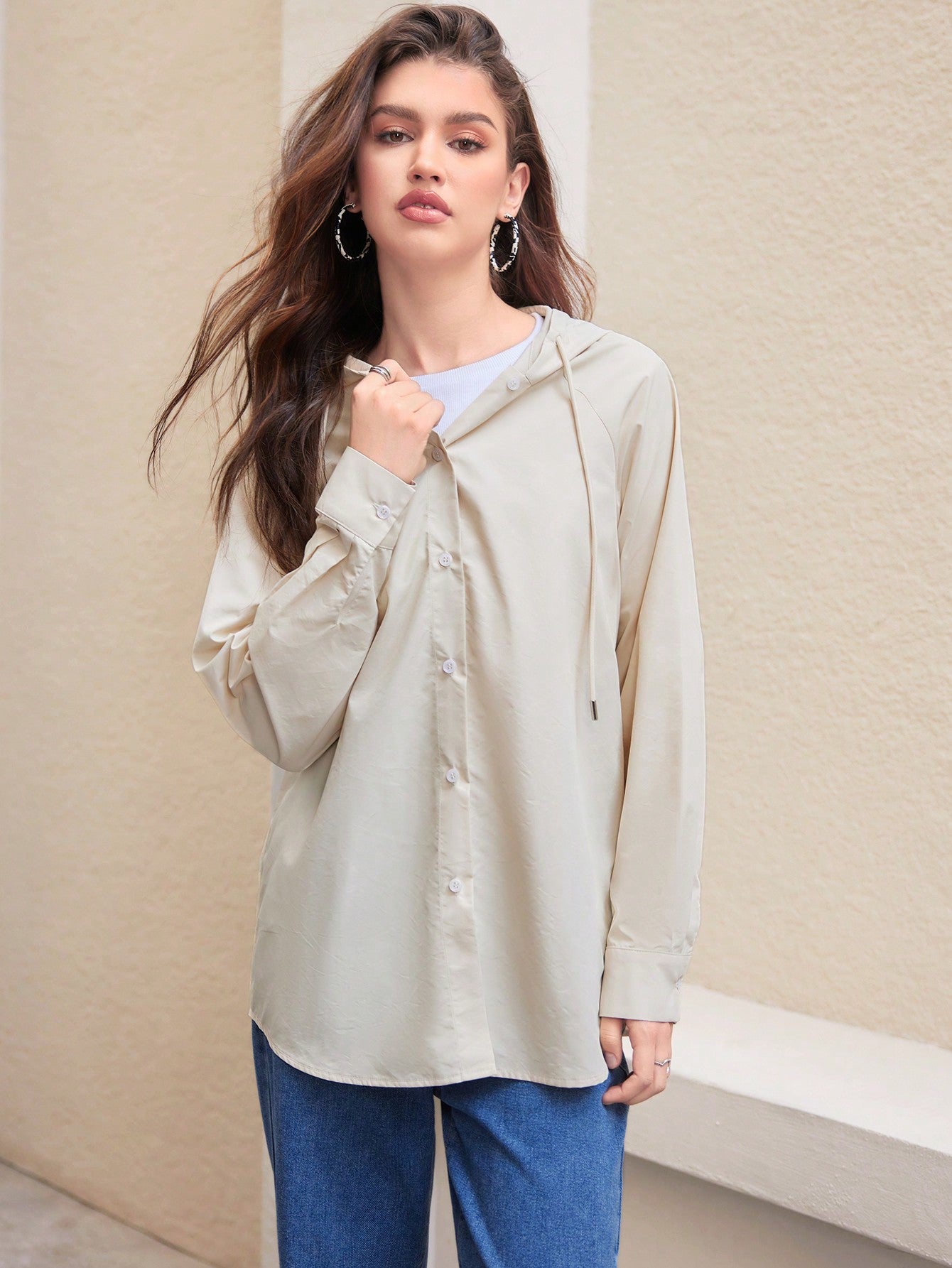 Raglan Sleeve Hooded Shirt