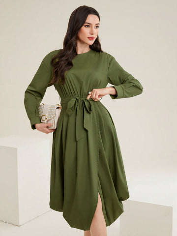 Solid Color Belted Wrapped Dress