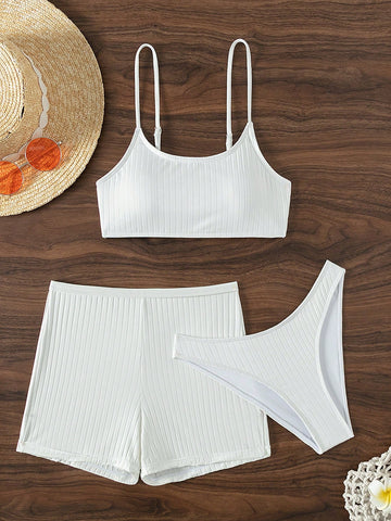 Solid Color Ribbed Knit Bikini Set(3pcs) Music Festival