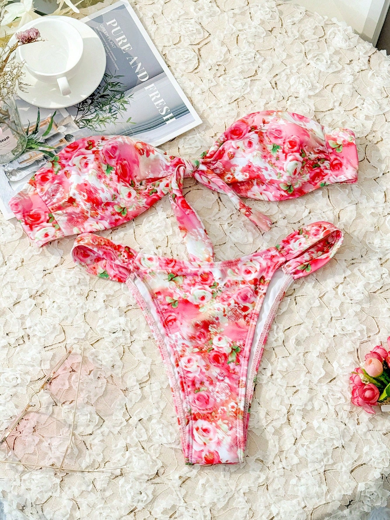 Random Floral Print Knot Front Bandeau Bikini Set