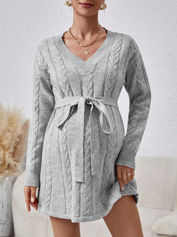 Elegant And Loose Maternity Sweater Dress With Waist Belt