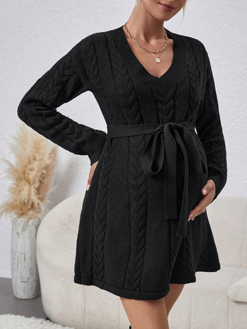 Maternity Solid Color Sweater Dress With Belt