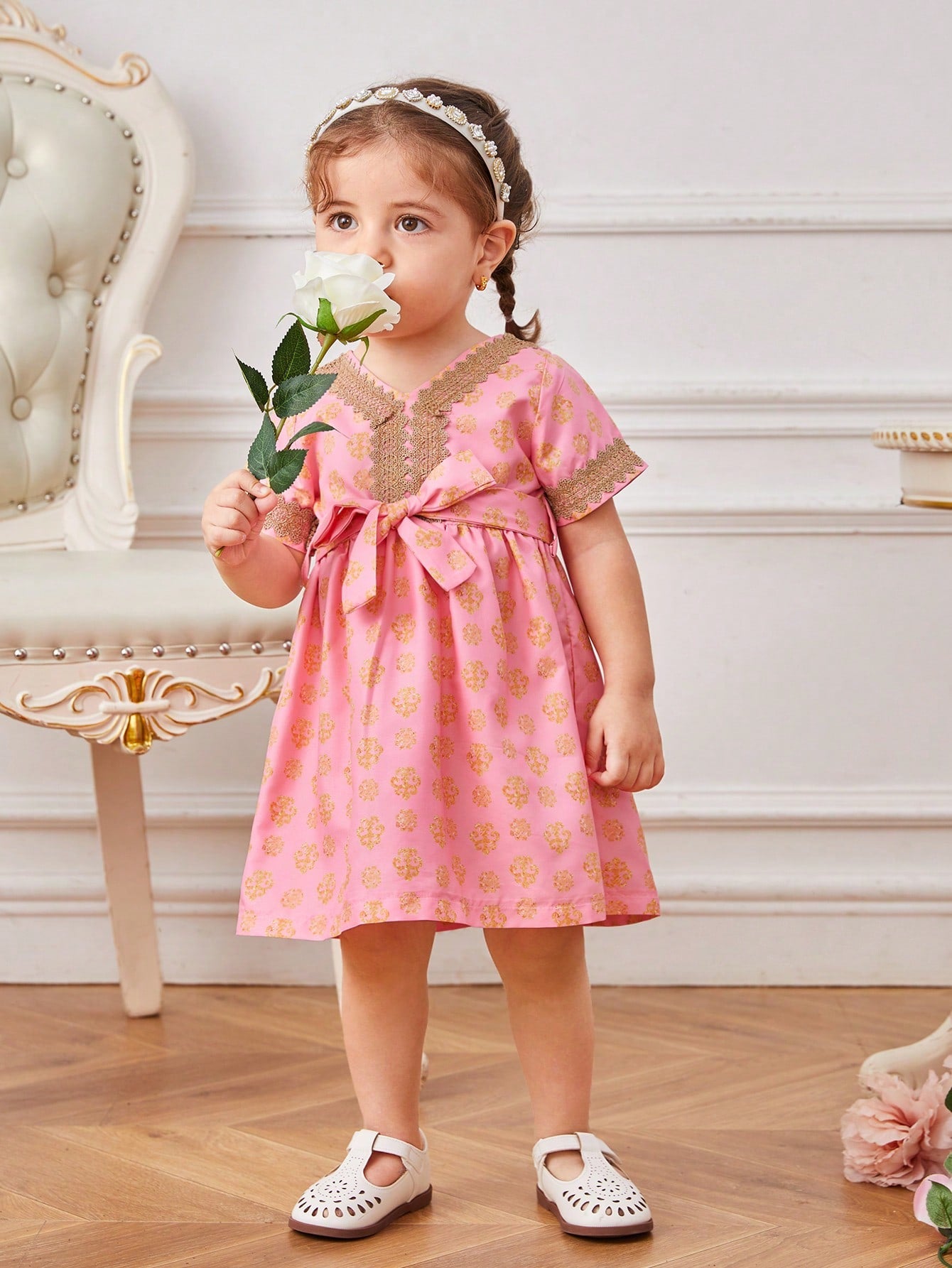 Baby Girls' Spring Print Patchwork Woven Belt Daily Casual Dress