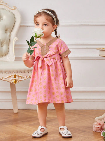 Baby Girls' Spring Print Patchwork Woven Belt Daily Casual Dress