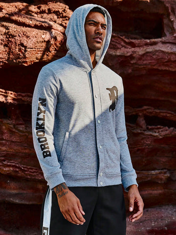 Men's Letter Printed Hooded Sports Jacket Workout Tops