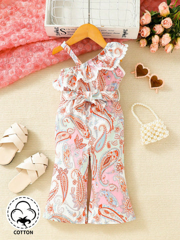 Baby Girls' Casual Elegant Printed Jumpsuit With Irregular Shoulders, Perfect For Vacation And Outing