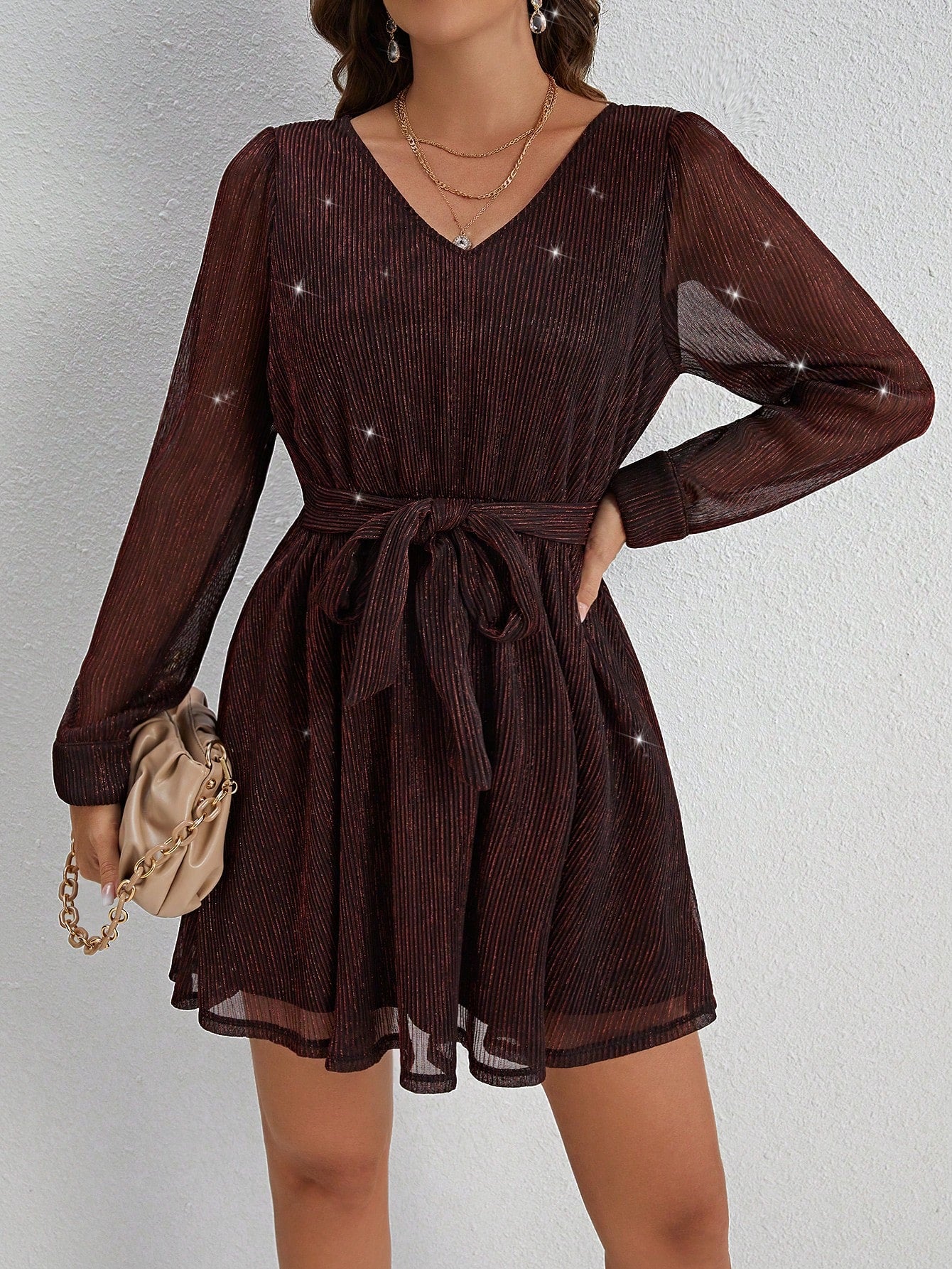 Women'S V-Neck Belted Dress