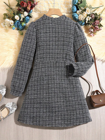 Juniors' Elegant Vintage Plaid Long Sleeve Dress For Fall/Winter