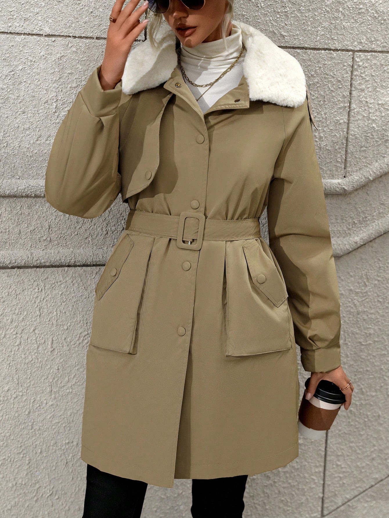 Khaki Fuzzy Lapel Collar Winter Coat With Side Pockets