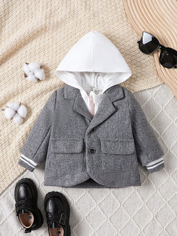 Thick Hooded Coat For Baby Boys, Stylish Winter Outwear With College Style