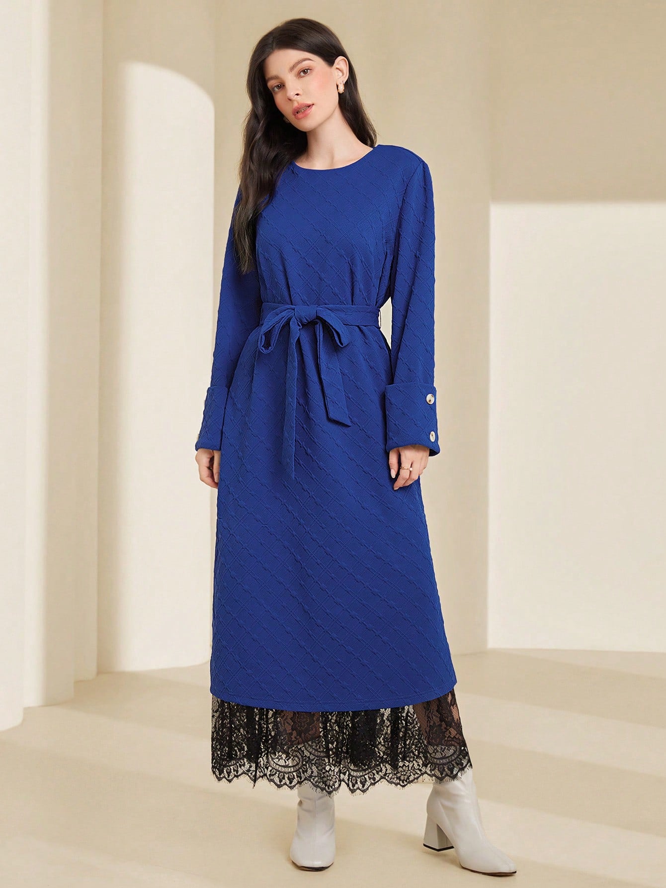 Ladies' Round Neck Belted Blue Dress