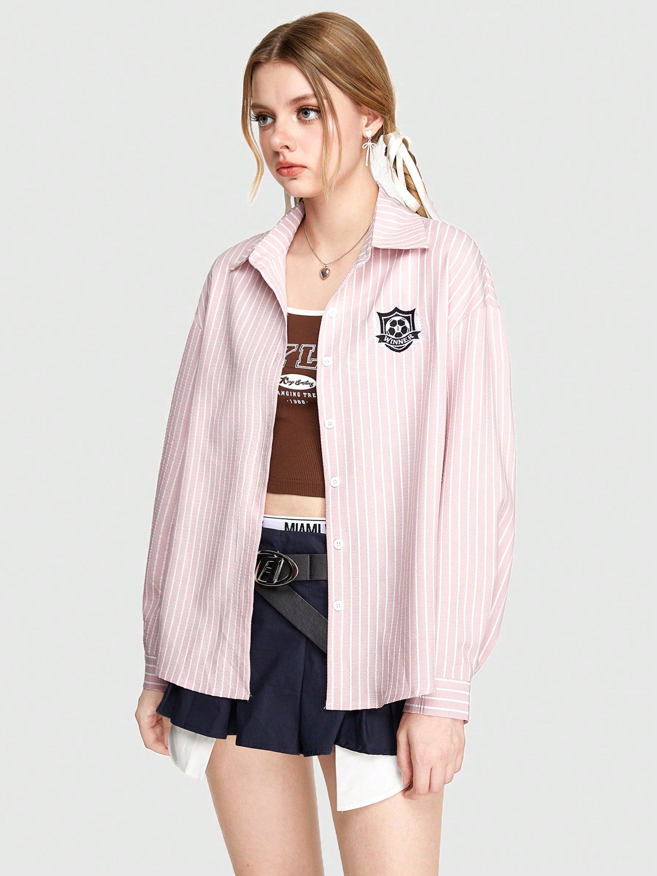 Women'S Pink Striped Loose Fit Shirt With Letter Embroidery