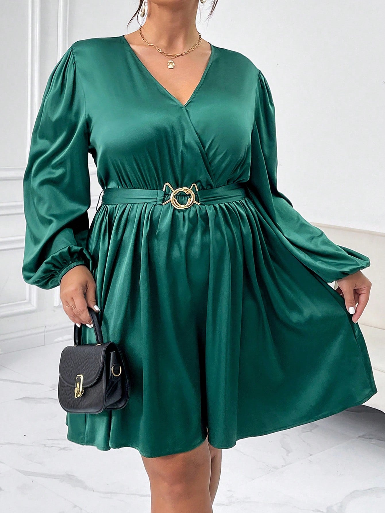 Plus Size Dark Green V-neck Dress