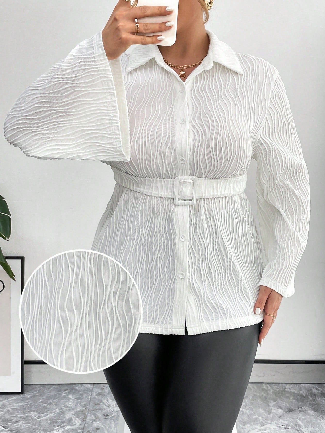 Plus Size Women's Textured Fabric Belted Shirt