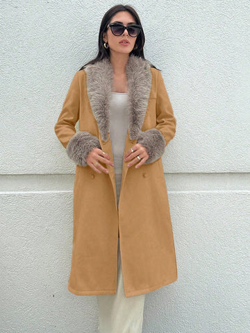 Women'S Colorblocked Woolen Coat With Fur Collar And Long Sleeves