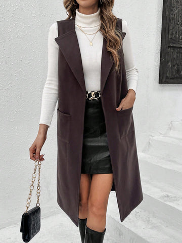 Solid Color Woolen Vest Coat With Lapel Collar