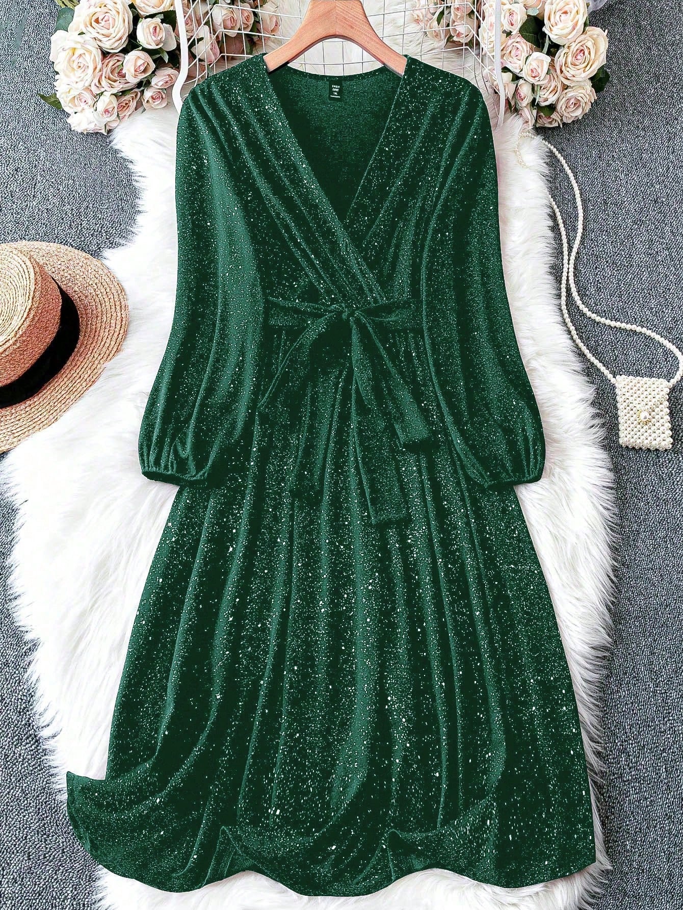 Plus Size Wrapped Lantern Sleeve Glitter Dress