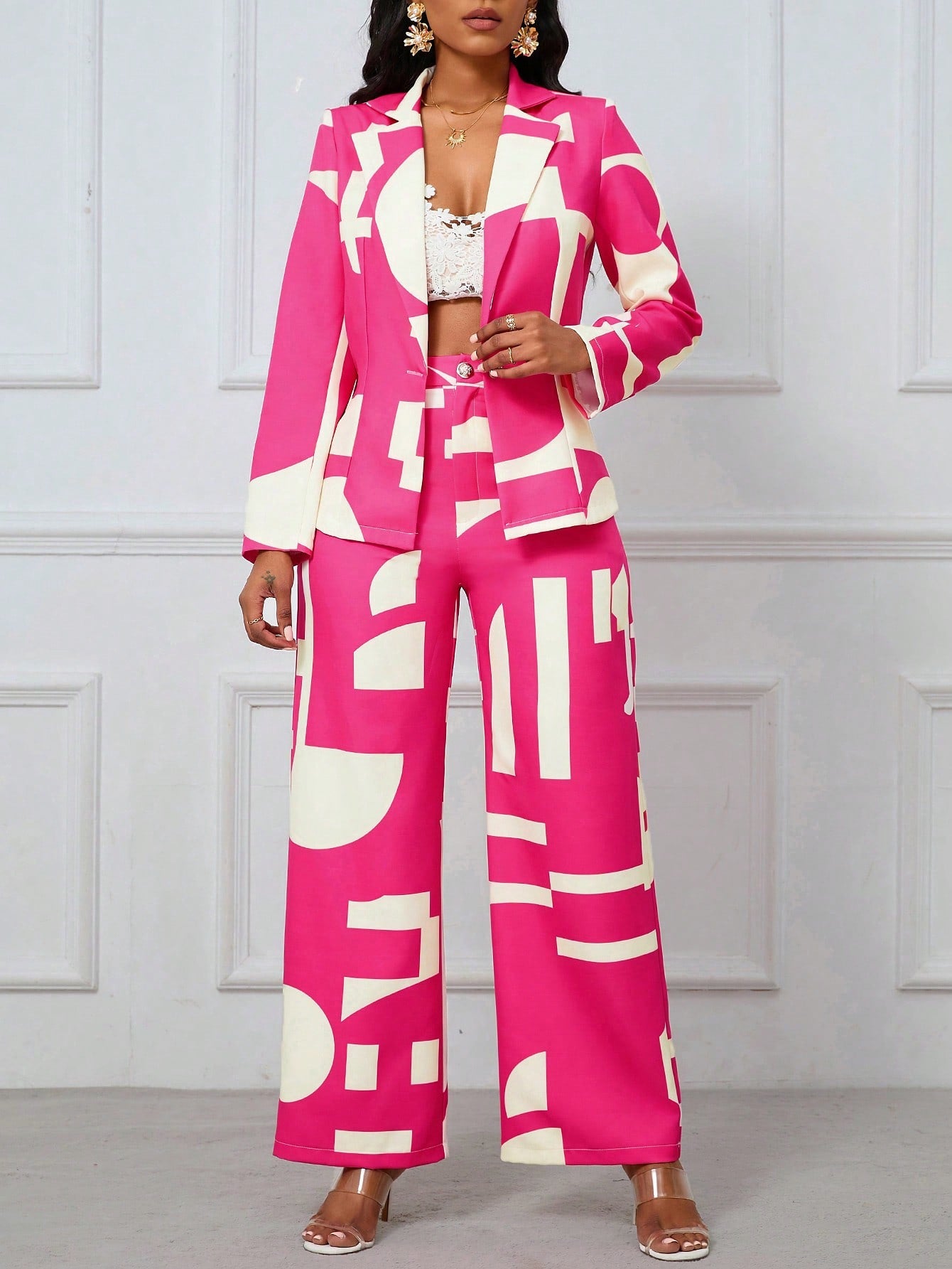 Women's Geometric Print Blazer With Lapel Collar & Pants Set