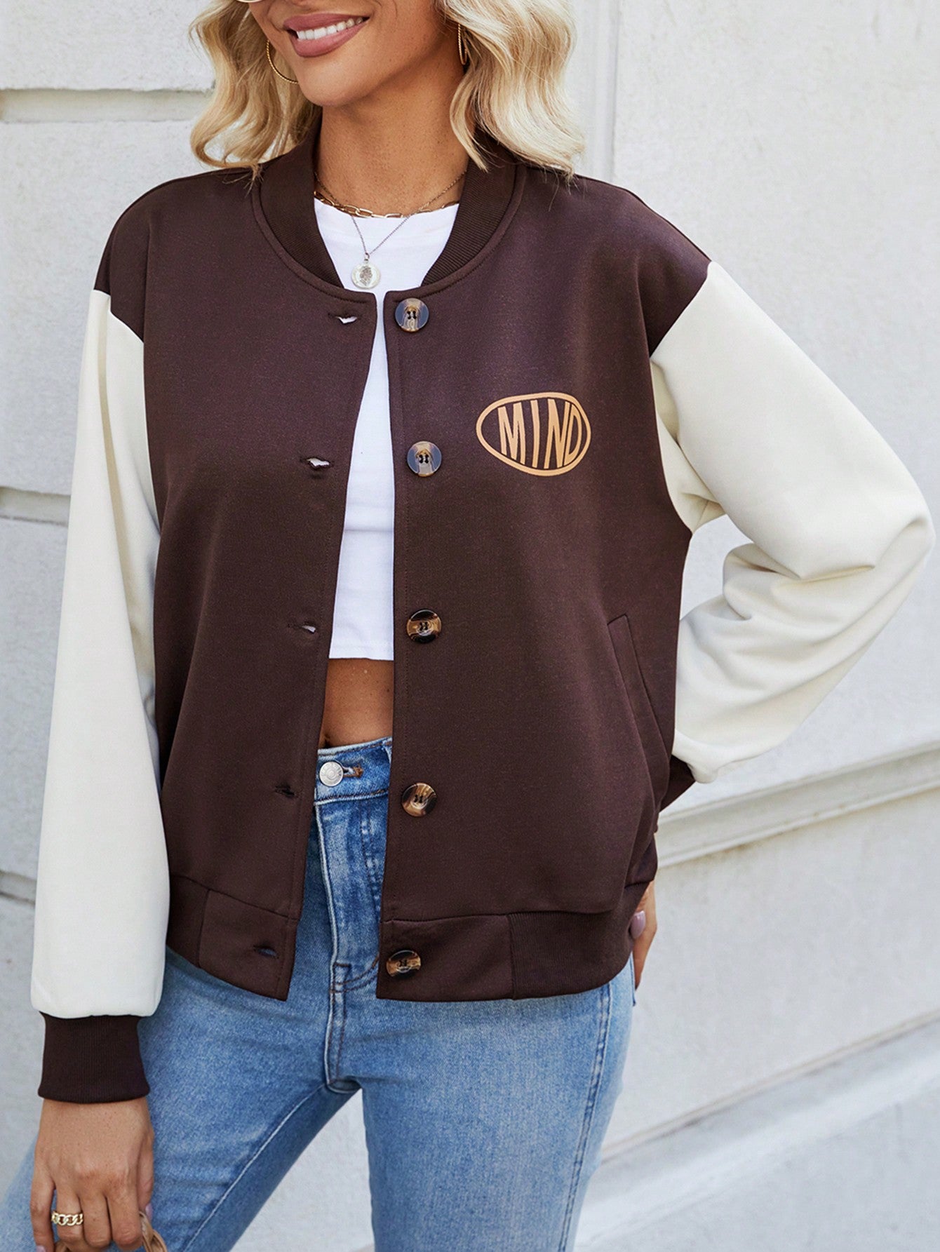 Letter Print Contrast Color Baseball Jacket