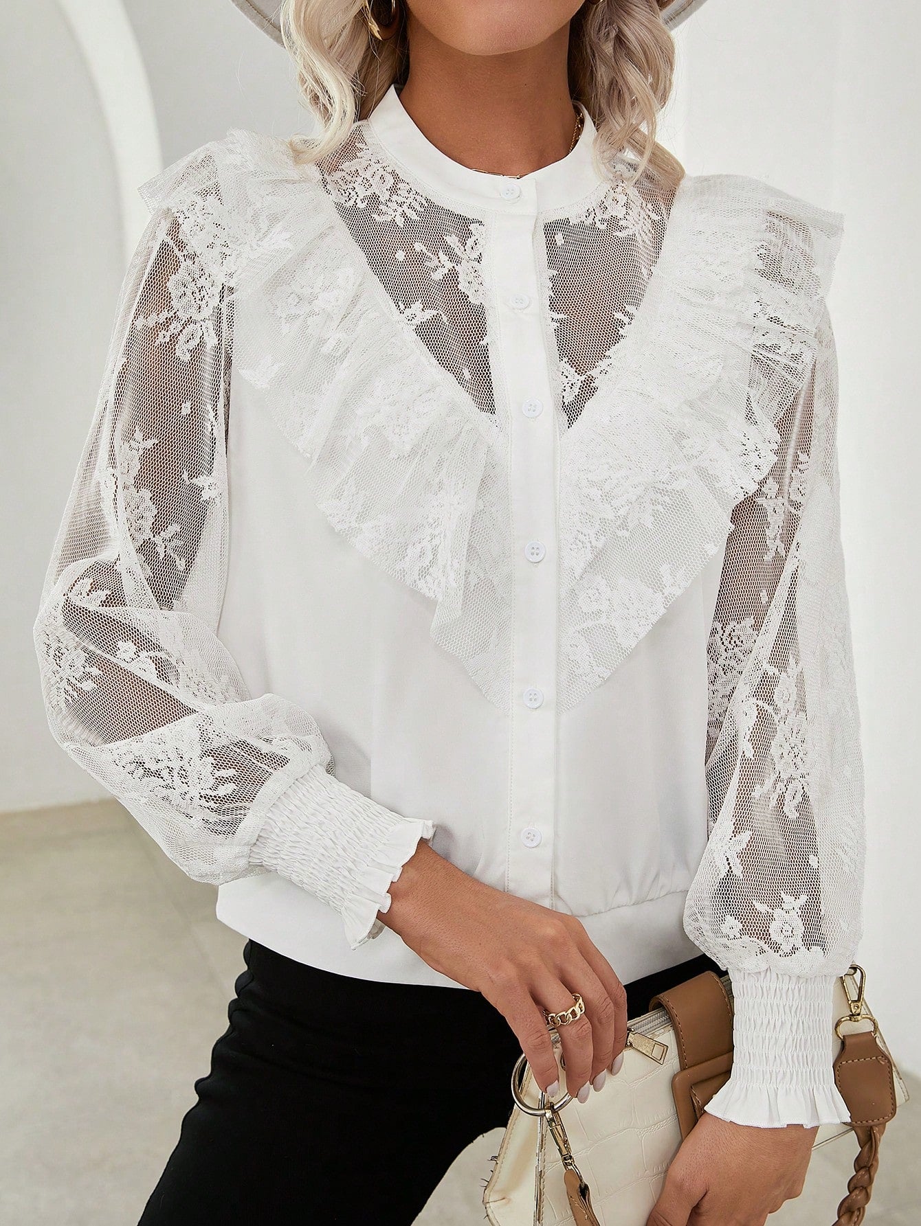 Lace Spliced Ruffle Trim Long Sleeve Shirt