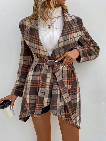 Women'S Plaid Belted Coat