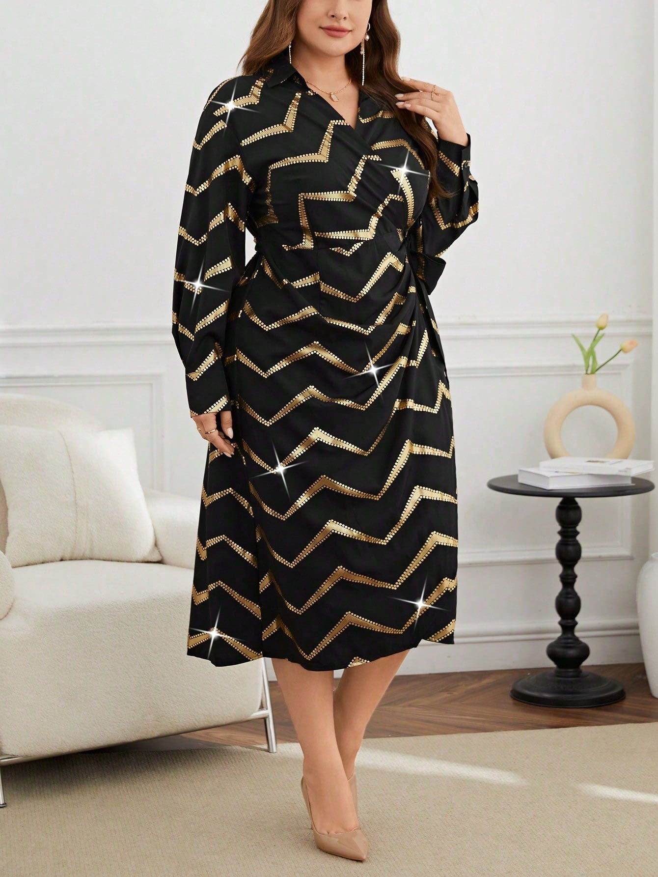 Plus Size Chevron Print Wrap Tie Waist Dress