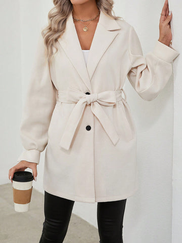 Lapel Collar Lantern Sleeve Overcoat With Waist Belt