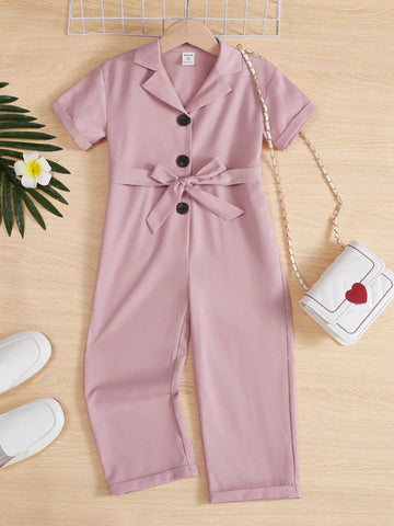 Girls' Casual Turn-Down Collar Solid Color Jumpsuit With Drawstring Waist