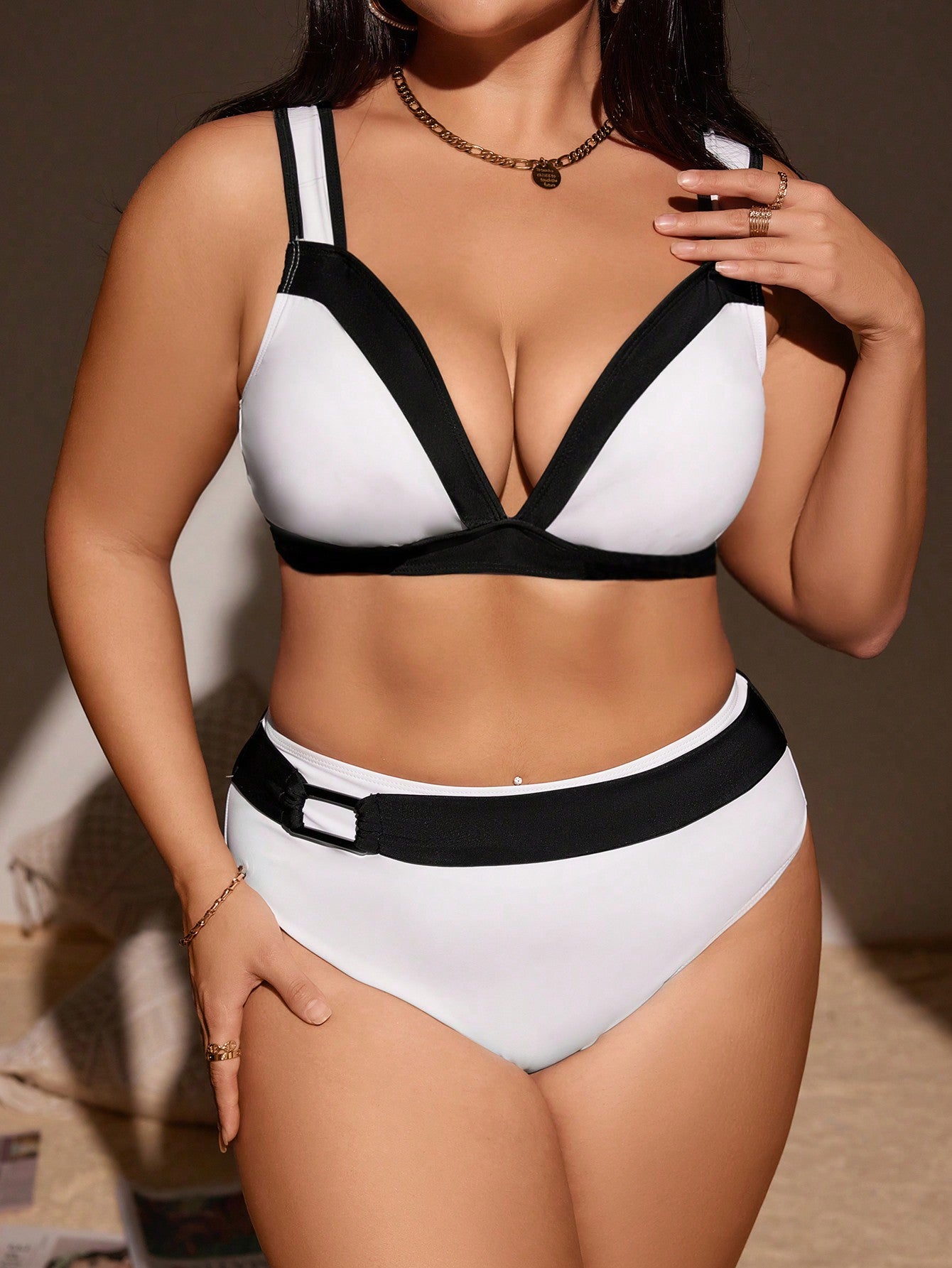 Plus Size Women'S Contrast Color Swimsuit Set