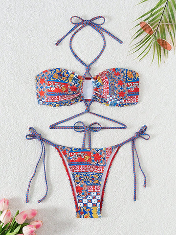 Women's Patchwork Pattern Halter Neck Swimsuit Set Music Festival