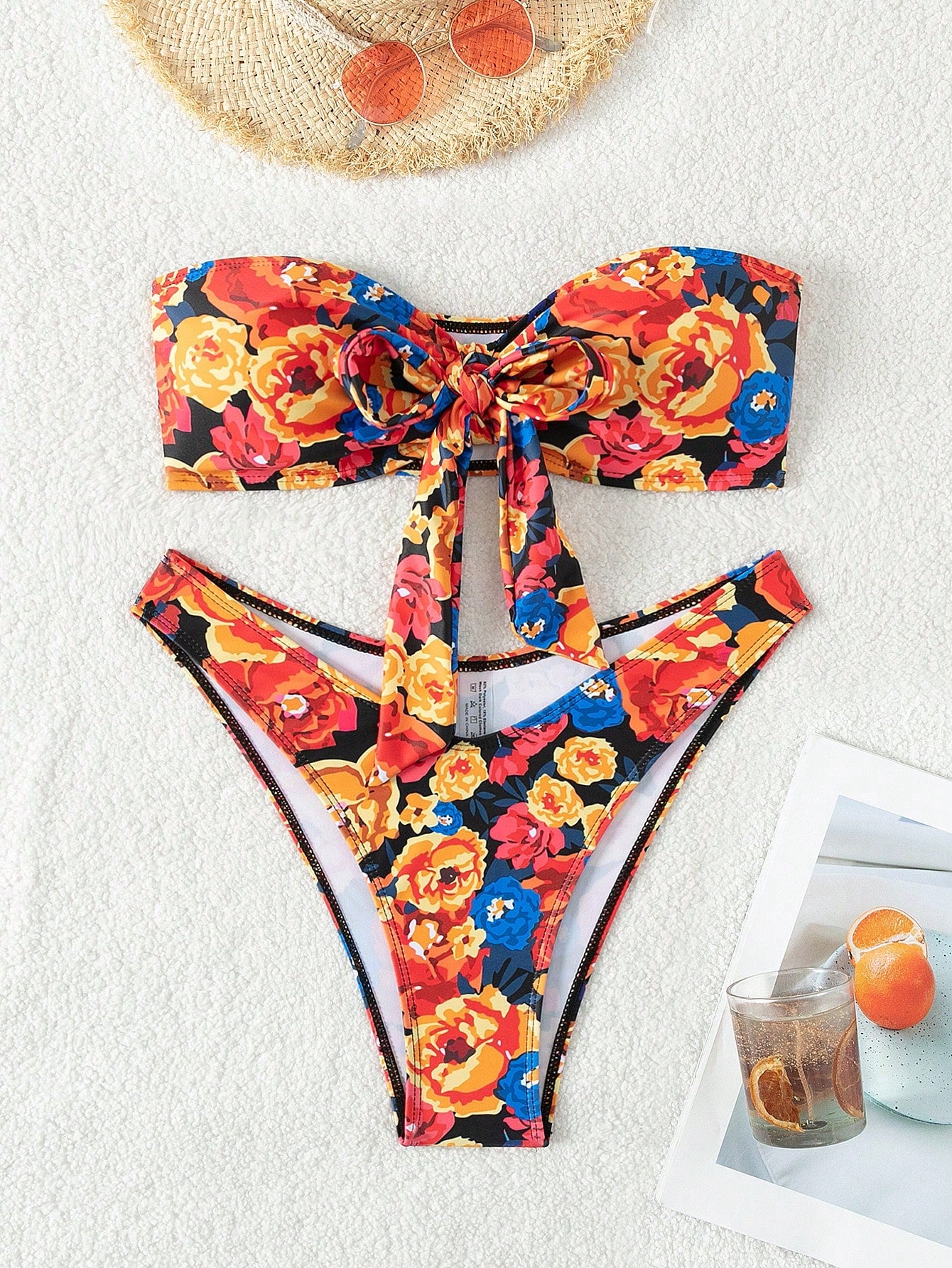 Random Floral Printed Front-Tied Bandeau Bikini Set Music Festival