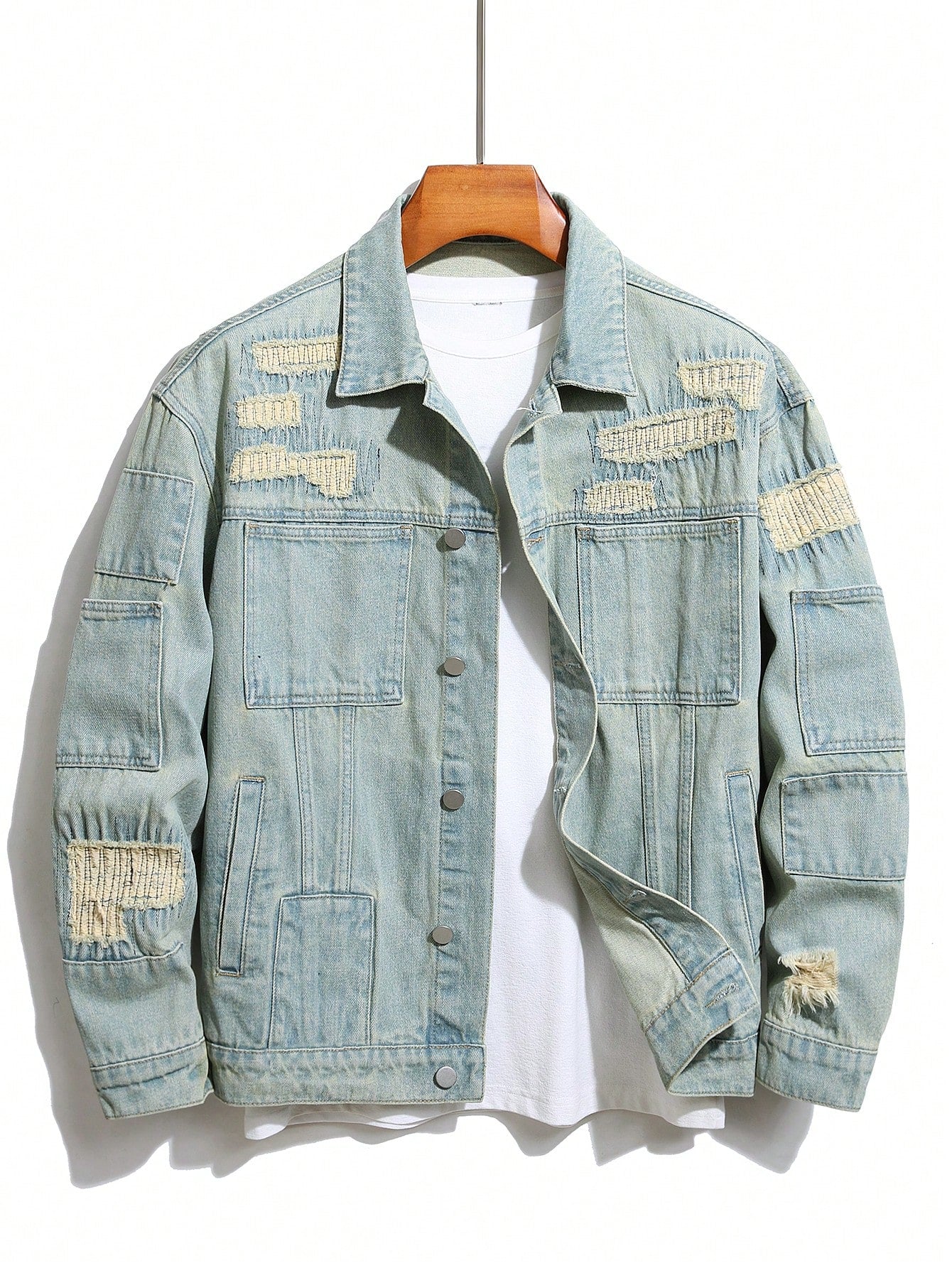 Men's Dual Pocket Ripped Blue Loose Denim Jacket With Washed Finish