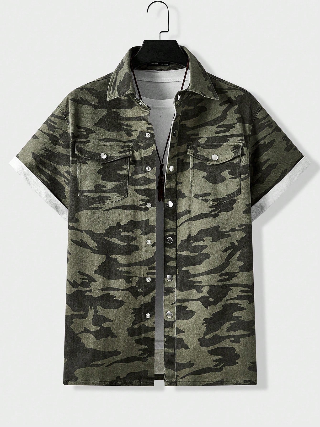 Men'S Camouflage Print Flap Pocket Denim Shirt