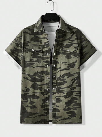 Men'S Camouflage Print Flap Pocket Denim Shirt