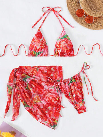 Floral Printed Triangle Bikini Set With Beach Skirt Valentine