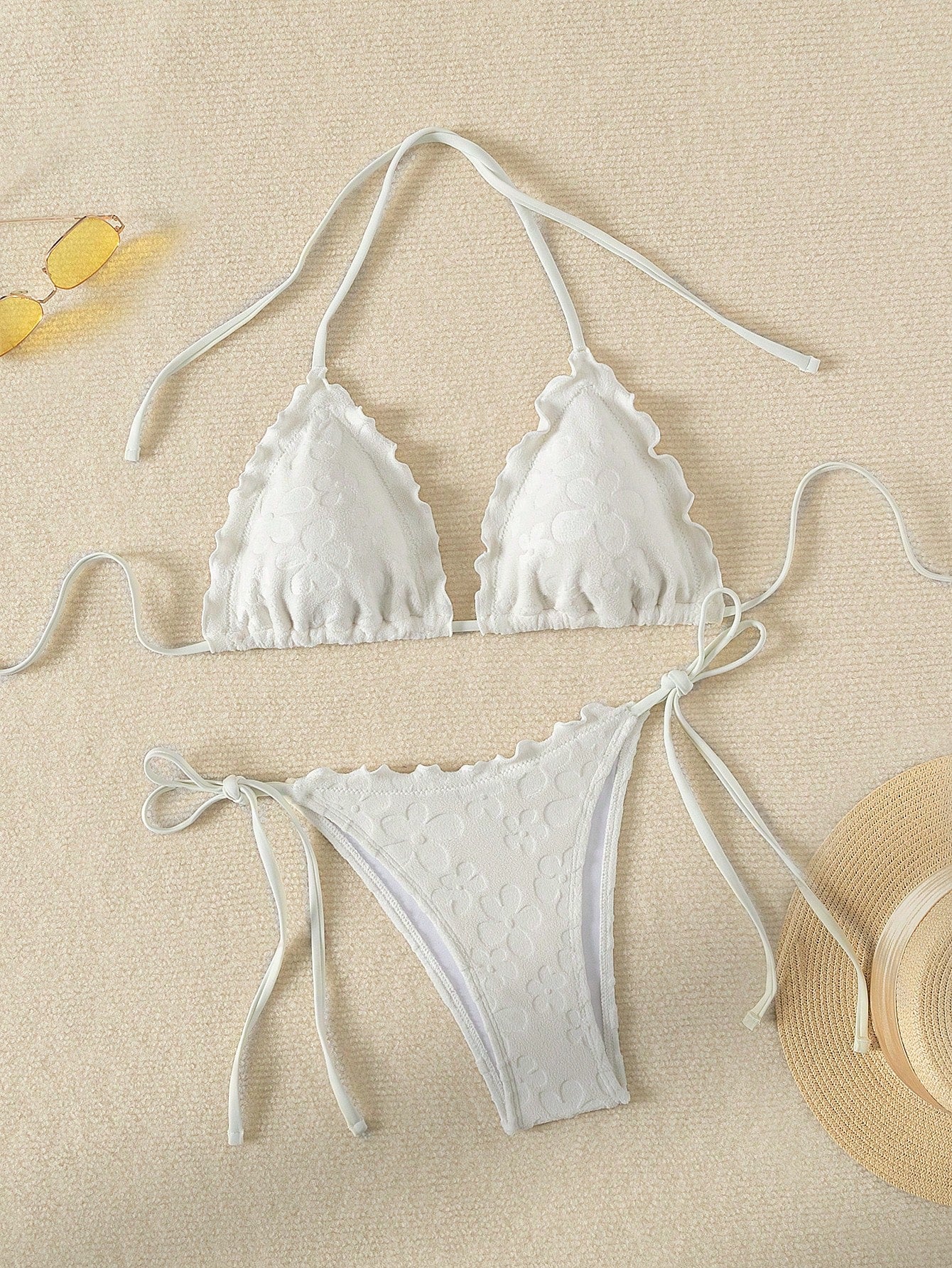 Frilled Edged Flower Pressed Triangle Cup Knotted Side Bikini Set Wedding