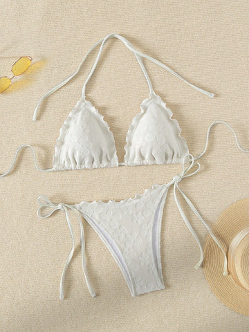 Frilled Edged Flower Pressed Triangle Cup Knotted Side Bikini Set Wedding