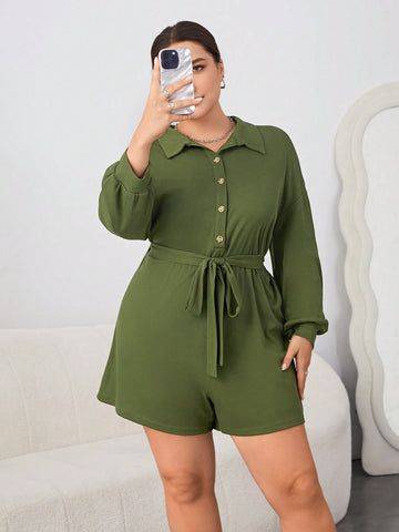 Women's Plus Size Lantern Sleeve Belted Romper