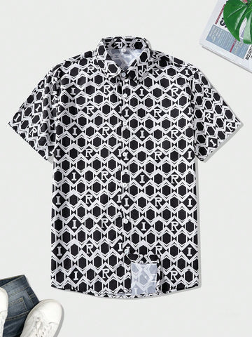 Men'S Geometric & Letter Printed Shirt