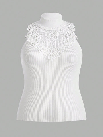 Women'S Plus Size Lace Splicing Stand Collar Knitted Top