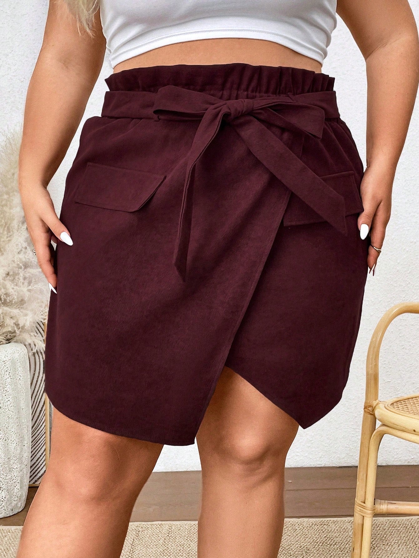 Plus Size Solid Paper Bag Waist Skirt With False Pockets